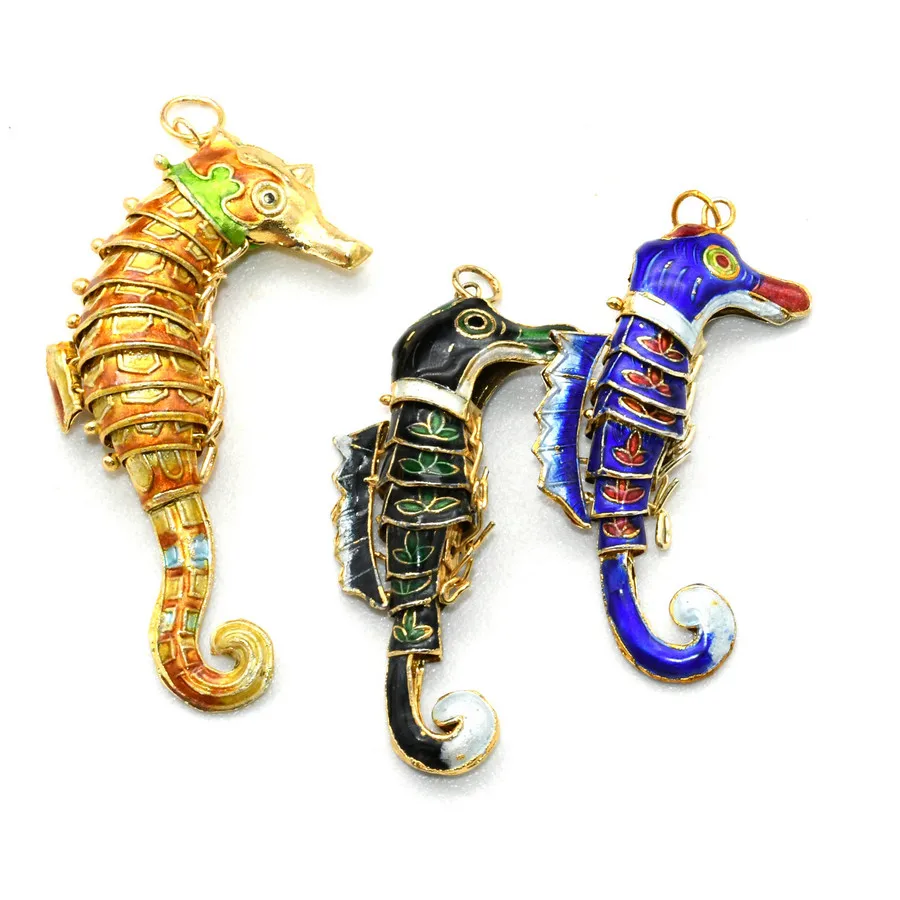 7.5cm Middle Size Blue Red Green Black Purple Enamel Color Cloisonne Movable Joint Hippocampus Seahorse Pendants For Necklace