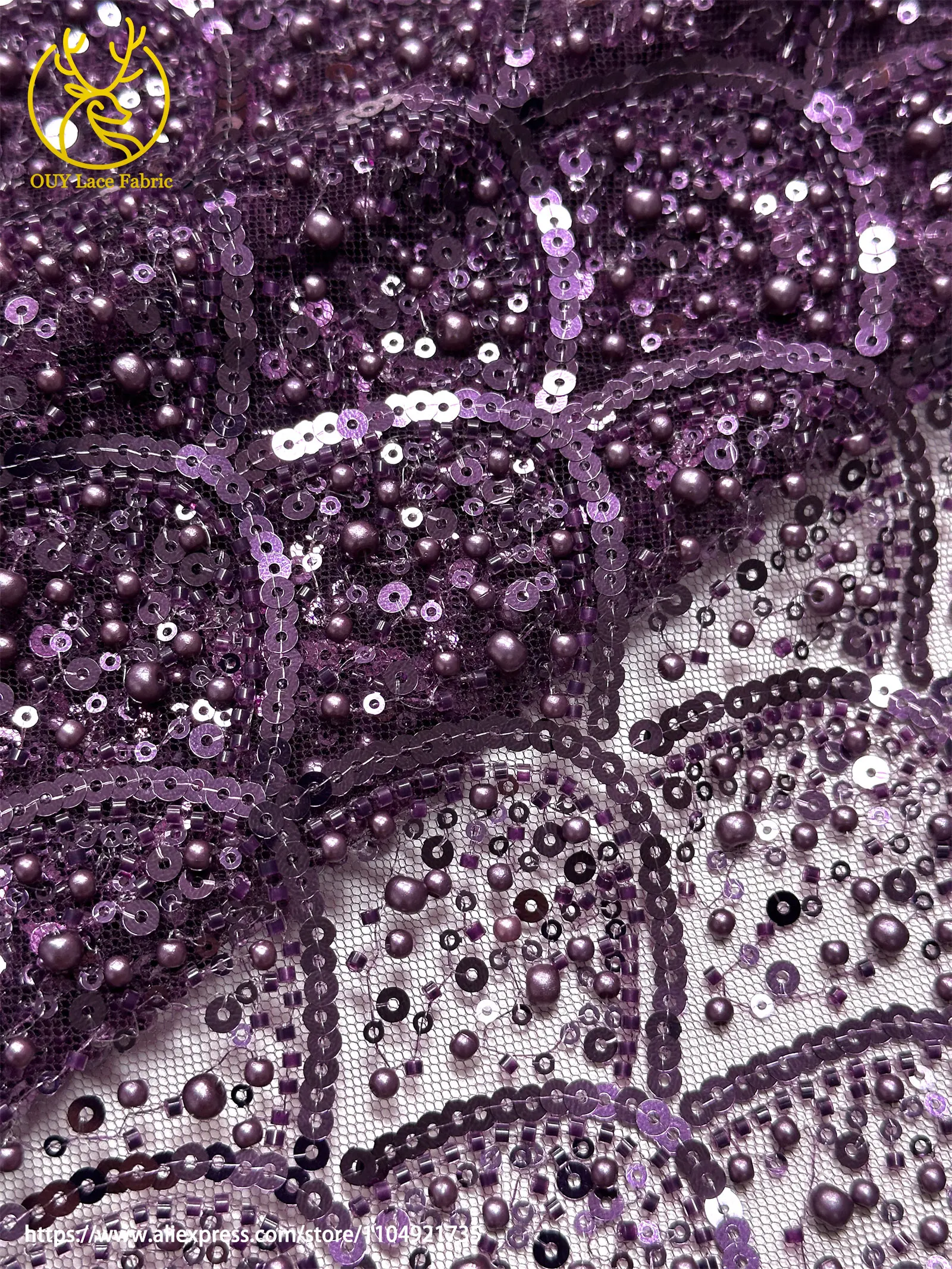 Burgunderroter afrikanischer Perlenstickerei-Mesh-Spitzenstoff, eleganter nigerianischer französischer Pailletten-Tüll-Spitzenstoff für Frauen, Partykleider – Detail 17