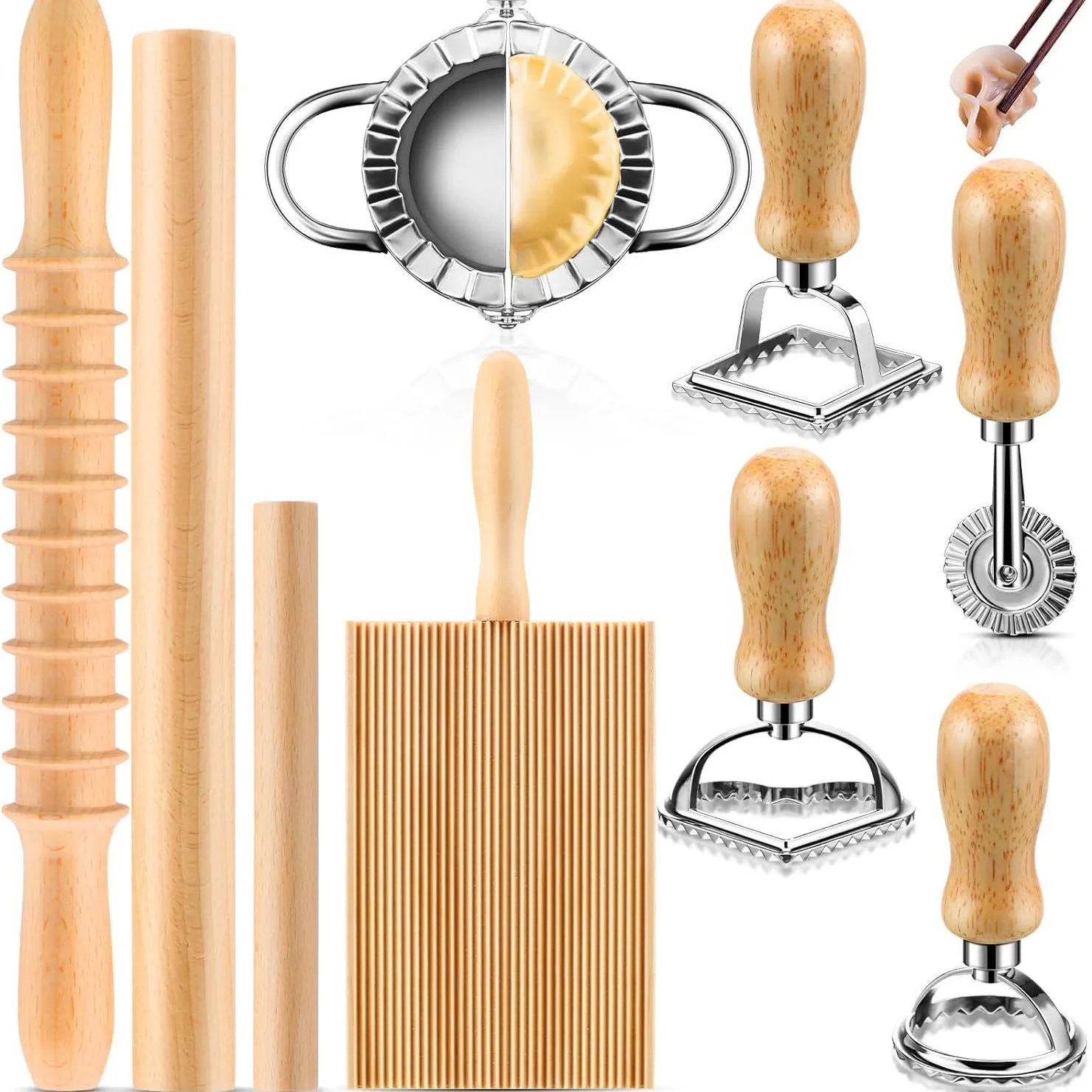 Dumpling pasta making tool set includes wooden pasta cutter dough scraper