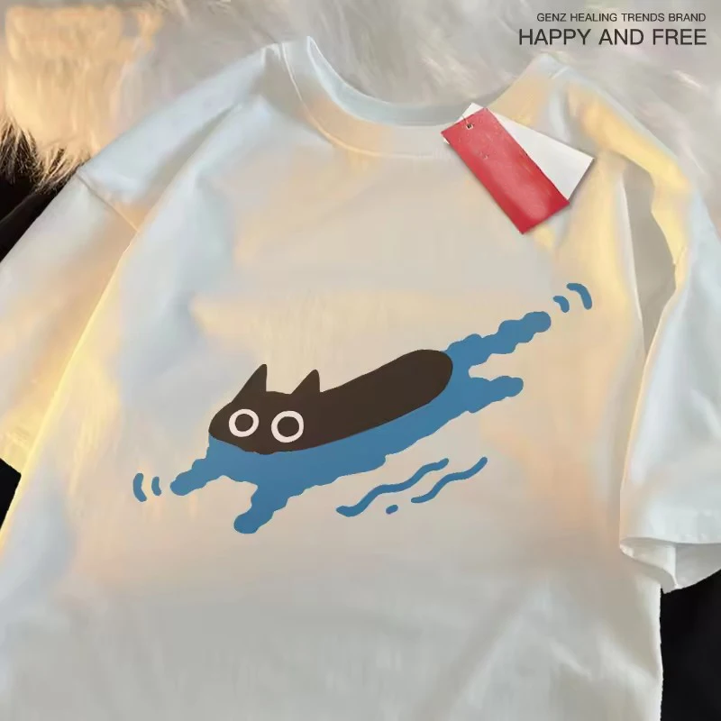 Couple Tees Swimming Black Cat Diving Shoulder Short Sleeved T-shirt For Men Women Breathable Casual Pure Cotton Loose Tops image 5