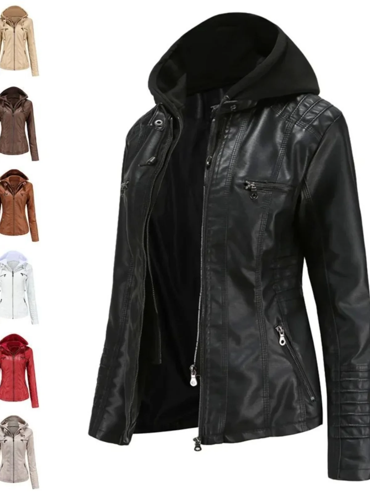 

Женская кожаная куртка Street Style с капюшоном, цветное пальто с длинными рукавами, на молнии, тонкая, модная верхняя одежда