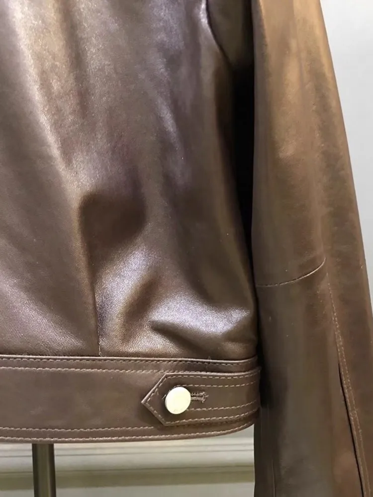 Designer Frauen Doppel Kragen Arbeit Jacke Vintage Schaffell Echtes Leder Jacke Herbst Lose Fit Motorrad Mantel Streetwear