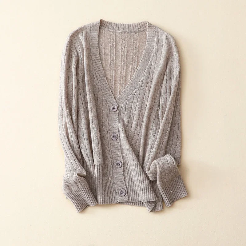 spring new cable knitted deep v neck casual cardigan femael high quality cashmere merino cardigan