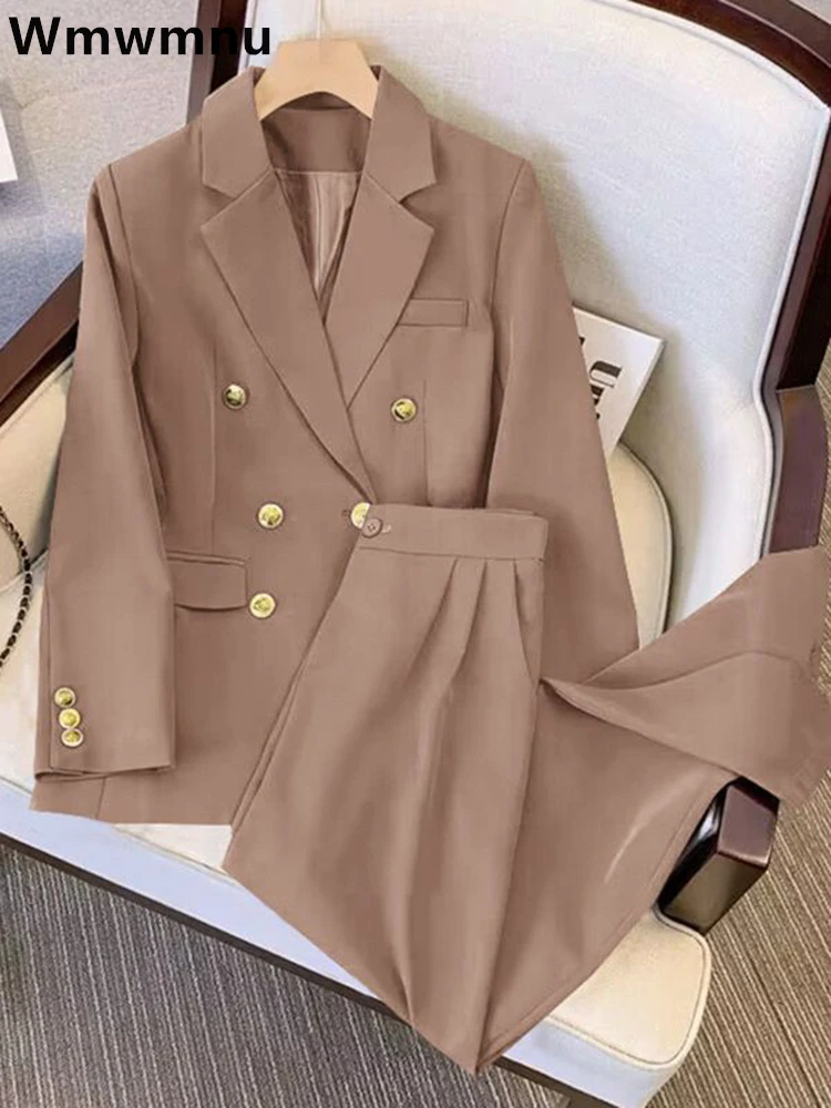 Khaki Office Double Breasted Suits Sets Women Korean New Long Sleeve Blazer Jackets Conjunto Ol High Waist Straight Pants Outfit