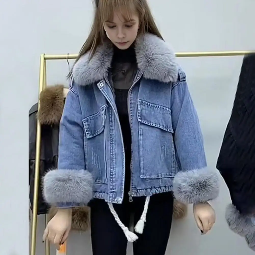 Winter Women Denim Jacket Mid Length Faux Fur Trim Long Sleeves Plush Outerwear Thick Plush Lined Outdoor Warm Coat With Pockets