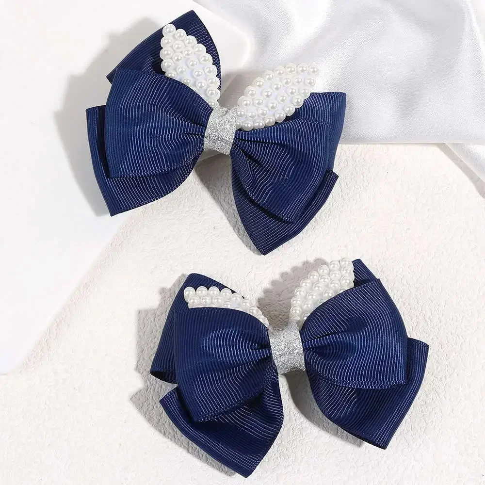 2PCS Sweet Pearl Bow Hairpin For Kids Solid Ribbon Double Bowknot Hair Clip Korean Lovely Hairpins Girls Party Headwear