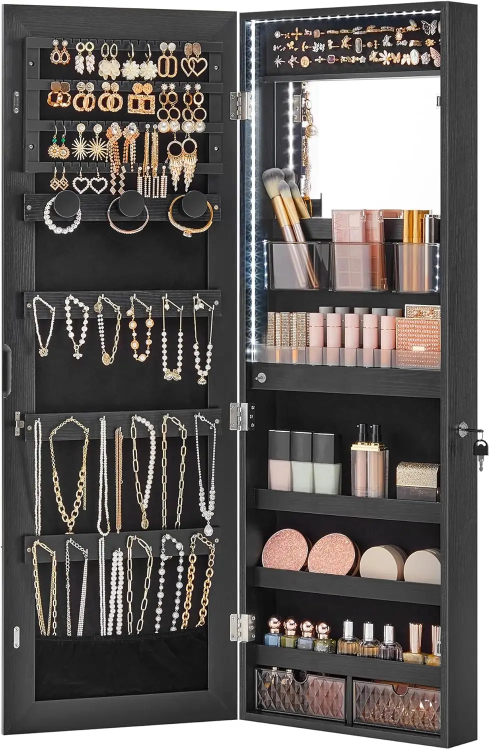 

Jewelry Cabinet Armoire Organizer with LED Lights, Wall-Mounted Storage Cabinet with Full-Length Frameless Mirror
