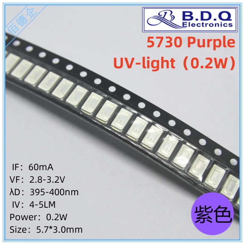 

100pcs SMD LED 5730 Purple UV-light 0.2W 395-400nm LED Lamp Beads Size 5630 Light-emitting Diode High Bright Quality