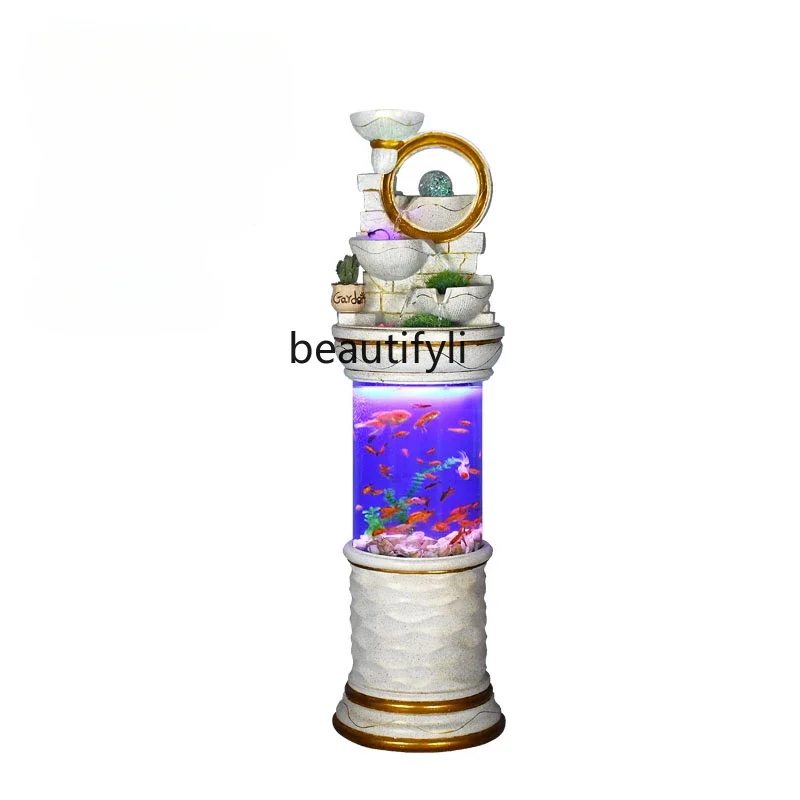 High Mountain Water Fountain Water Landscape Cylindrical Fish Tank Living Room Floor Windmill Decoration Water Wheel Humidifier