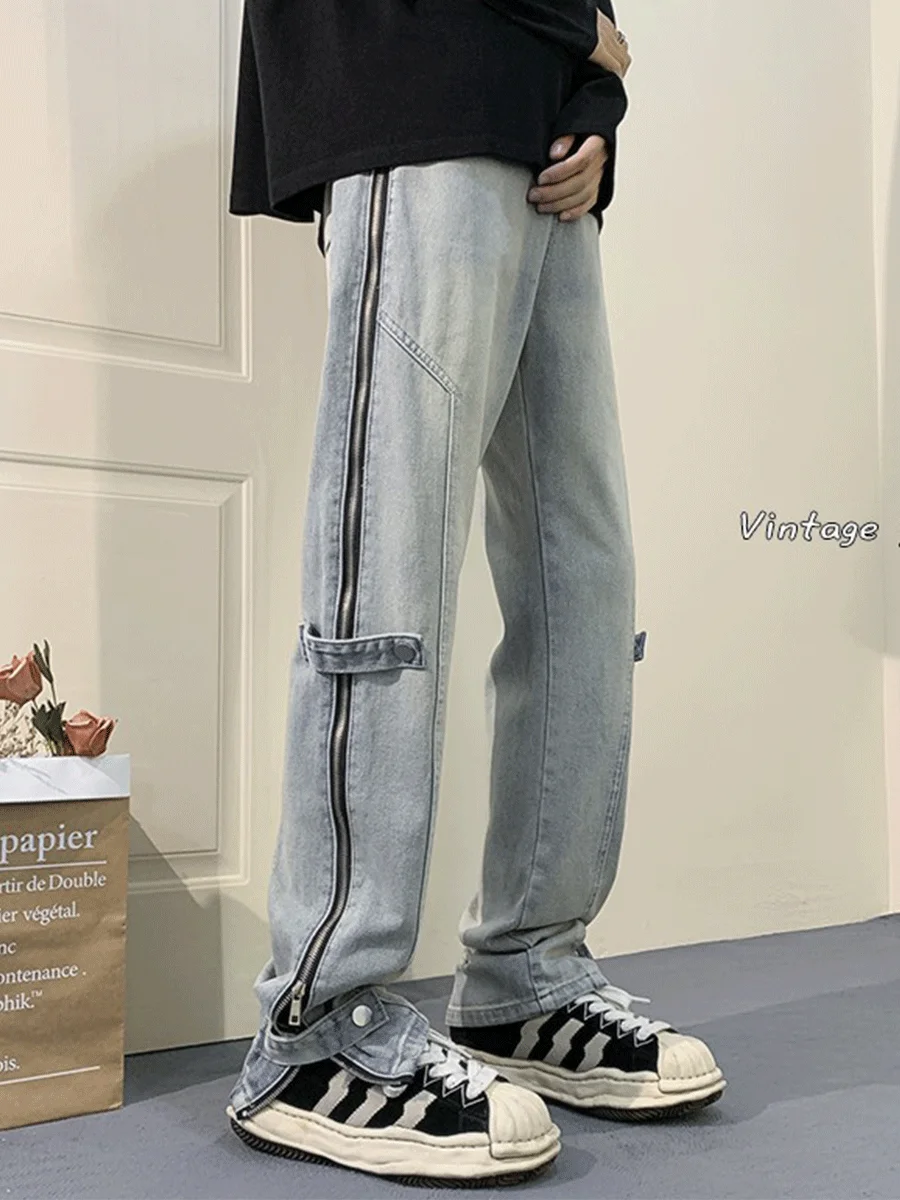 

American Sle Straight Leg Zipper Jeans Men's Slim Fit Vintage Hip Hop Trousers High Street Vibe Youth Trend Cotton Denim