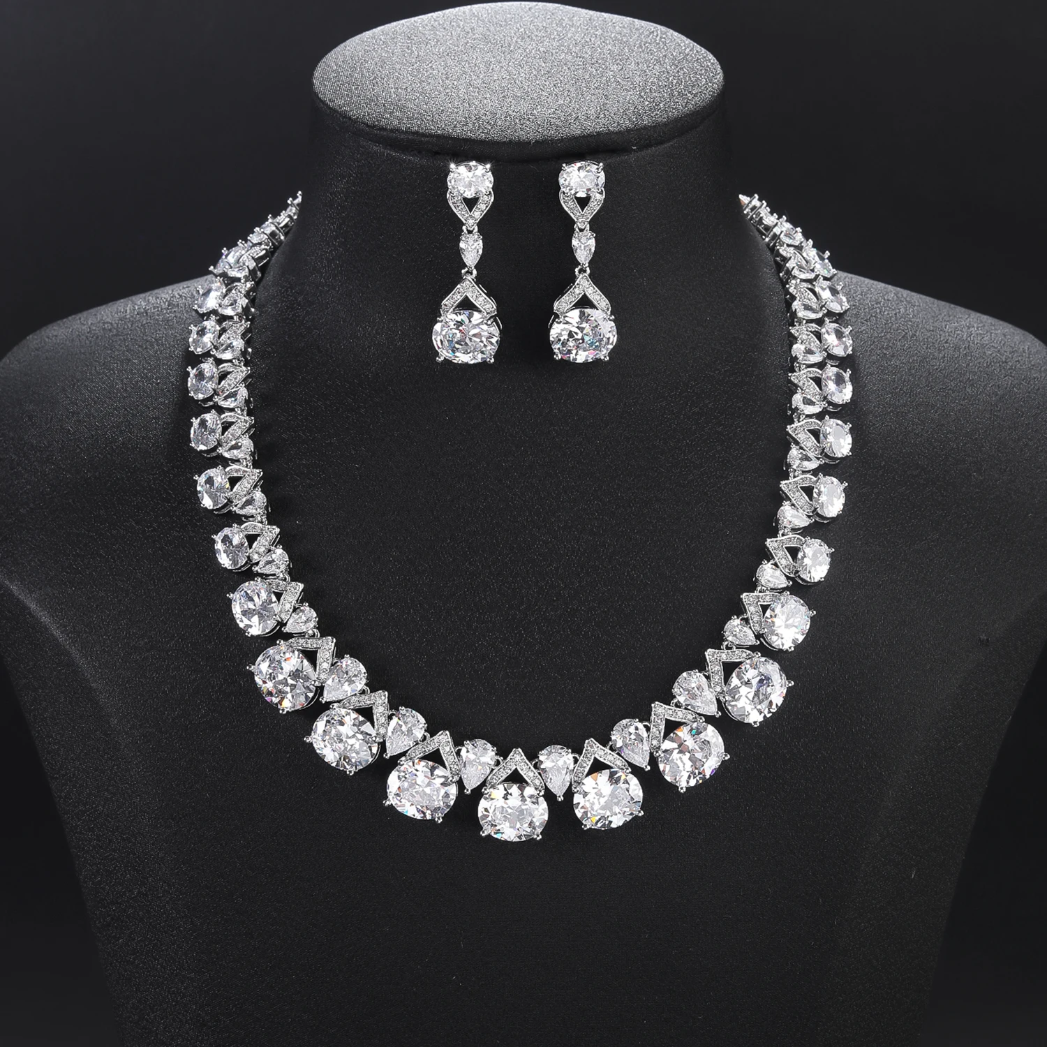4 Colors Pretty Crystal CZ Zircon Bridal Wedding Necklace Earring Sets Women Party Prom Jewelry Accessories CN11619