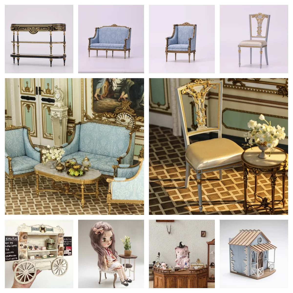 

Mortise and Tenon Sofa Set with Gold Trim, Easy Assembly DIY Kit or Fully Assembled for 1:6 Scale BJD Luxury Living Room