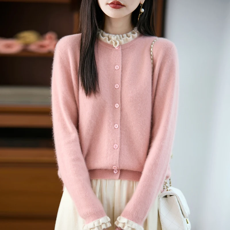 Cardigan en laine pour femme, pull froissé, doux, chaud, ample, mode, blocage des couleurs, vêtements tricotés, confortable et élégant, 2025