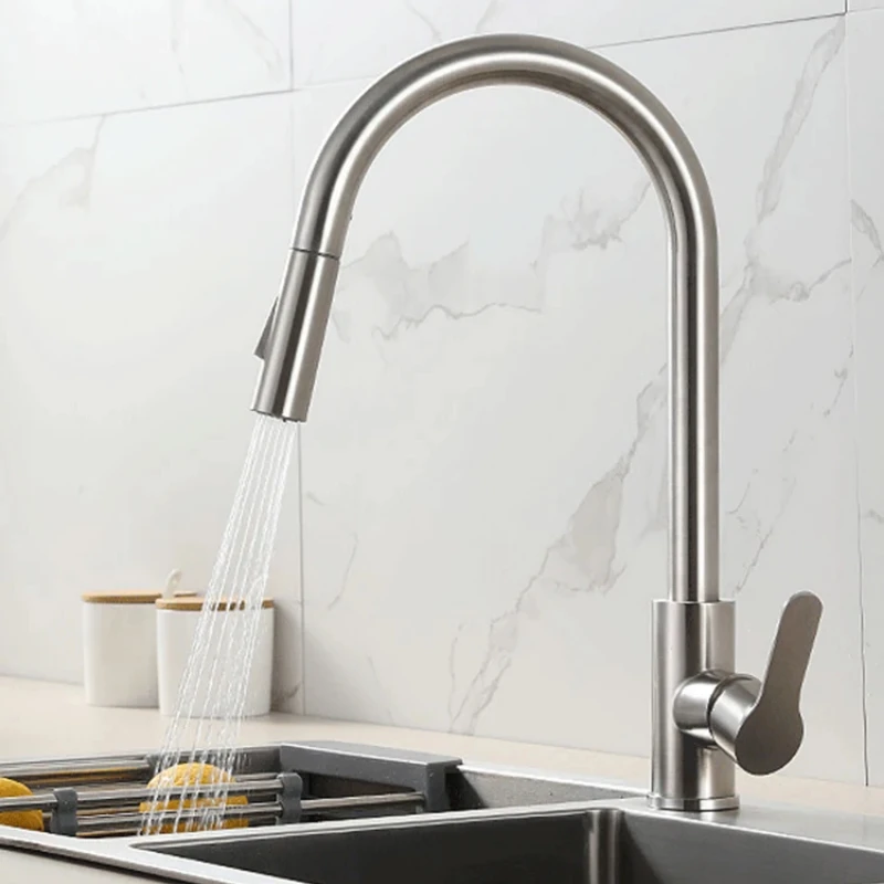 Brushed Gold Kitchen Faucet Pull-Out Sprayer 360 ° Rotation Single Handle Mixer Gold Pull-Out Kitchen Tap