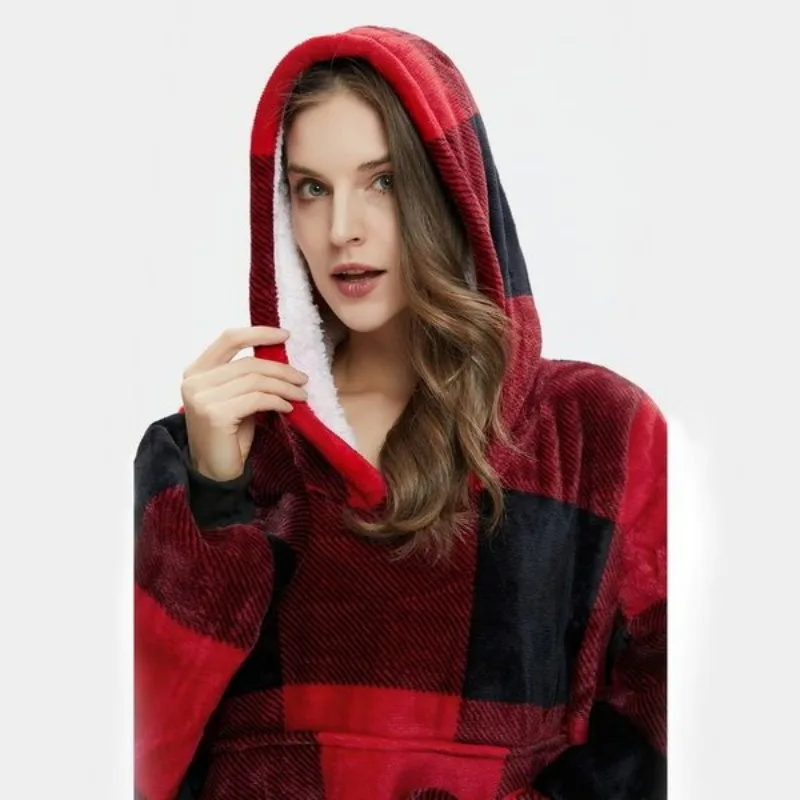 Comfy Wintertime Flannel Lazy Blanket TV Blanket Outdoor Cold Protection Hooded Loungewear Intensification Plaid Hoodie  Warmth