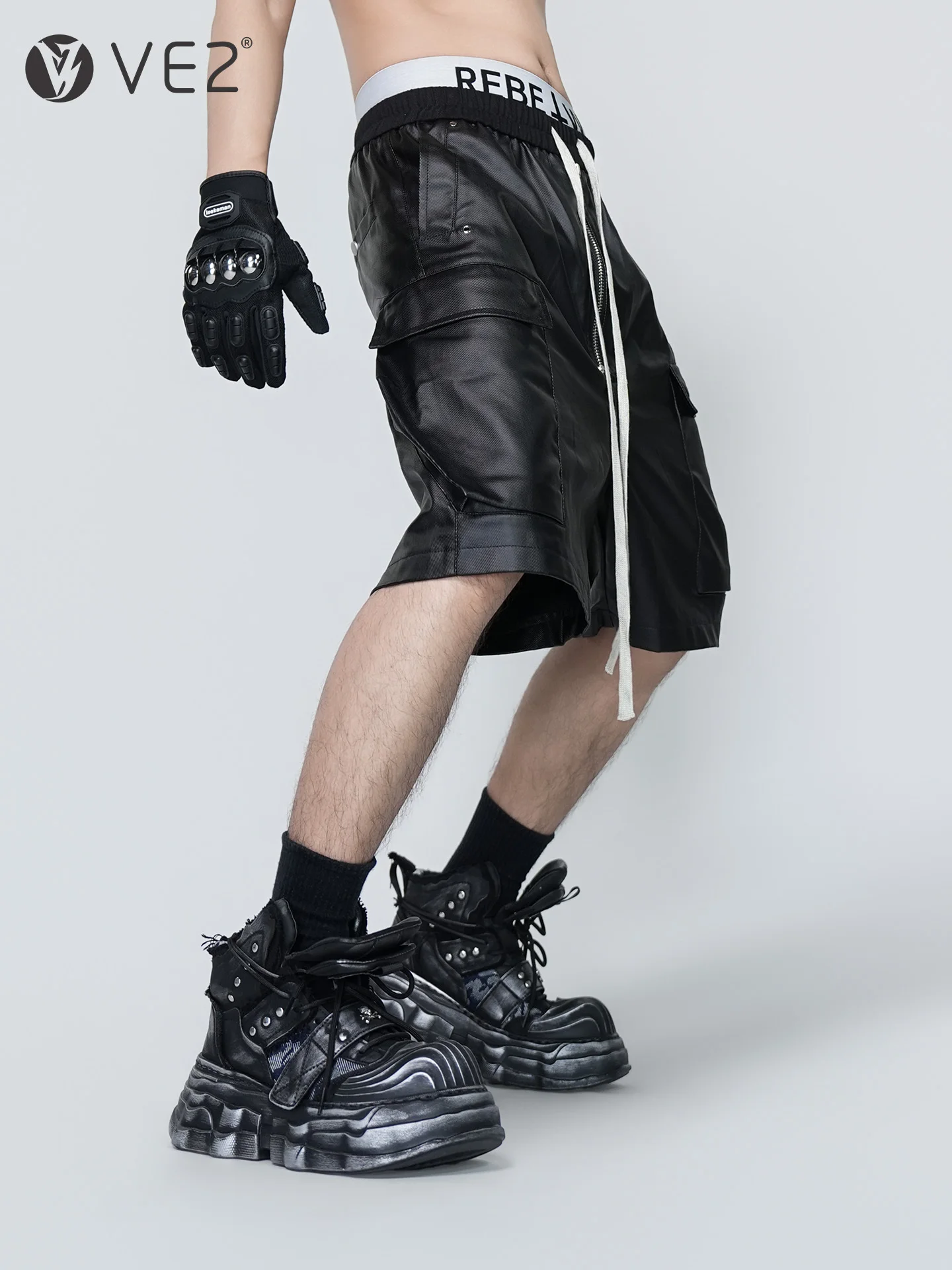 VE2 Dark Functional Wax Coated Denim Shorts Five-Pocket Straight Leg mid Waist Cotton Summer Youth Fashion Streetwear