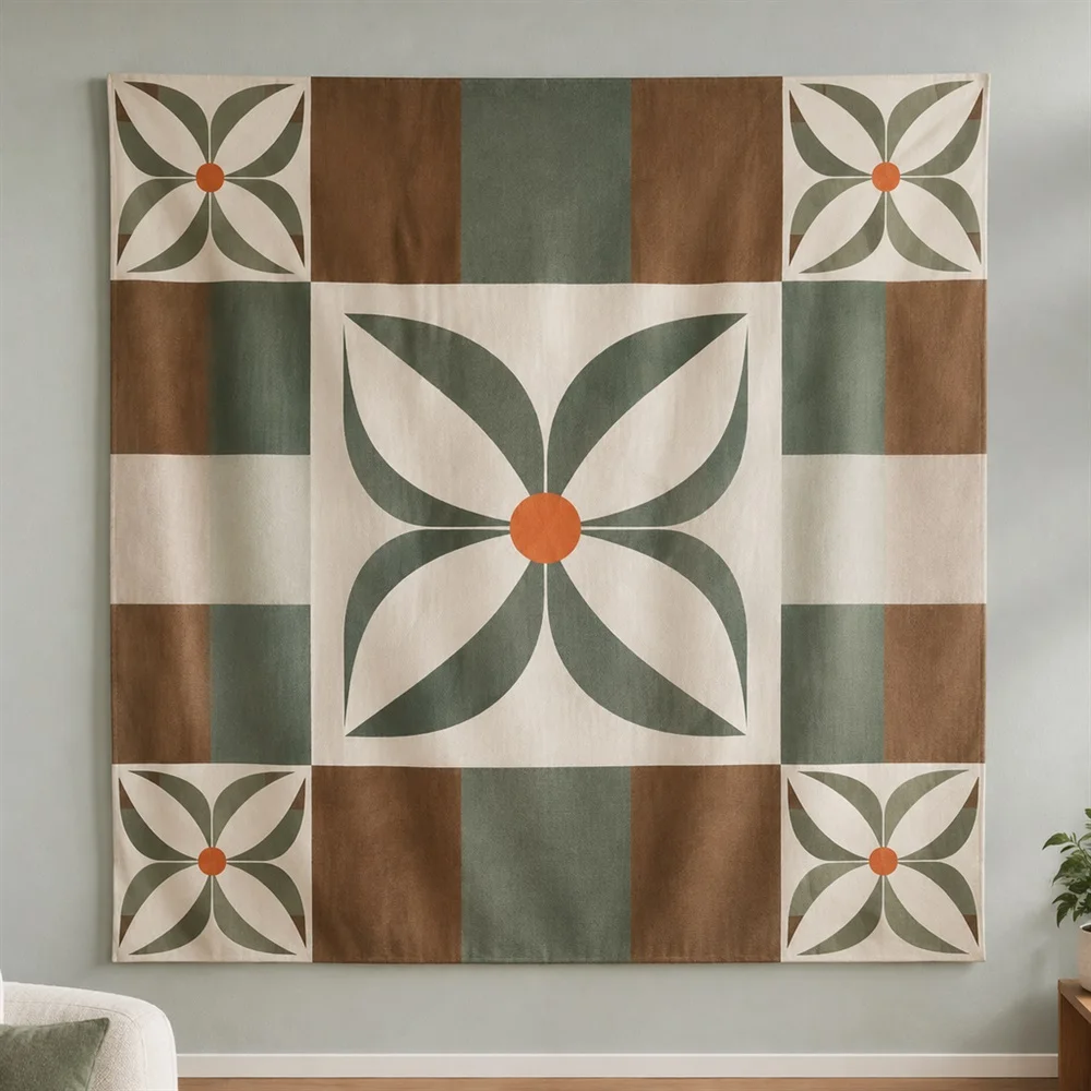 VIKAMA Grid Color Blocks Corner Motif Modern Tapestry Wall Hanging, Aesthetic Modern Room Decor Tapestries for Bedroom Nursery