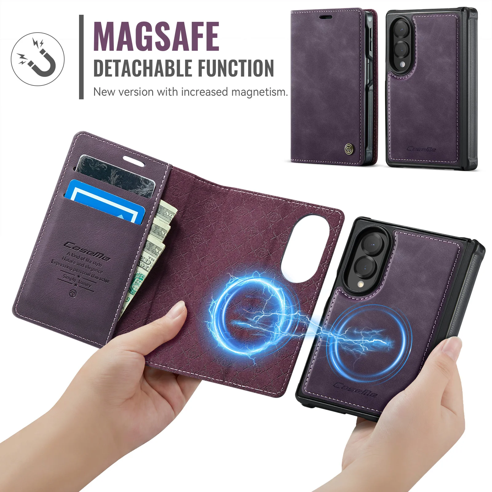 Caseme C49 2 in 1 Detachable Magnetic Magsafe Wallet Case For Samsung Galaxy Z Fold 8 Retro PU Leather Flip Cover Card Slot