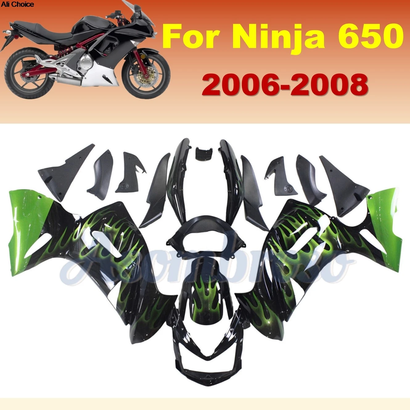 Black Green Flames Injection Fairings For Kawasaki ER-6F Ninja 650R 2006 2007 2008 Bodywork set