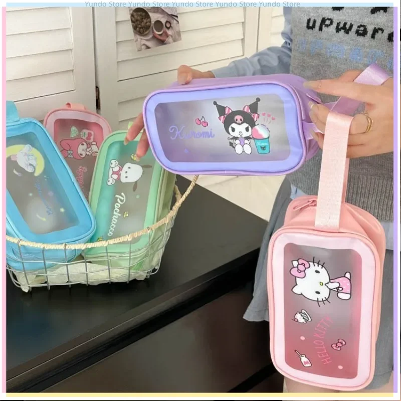 New Sanrio Kuromi Cosmetic Bag Transparent Waterproof Large Capacity Hello Kitty Storage Bag Portable Hand Carry Girls Small Bag