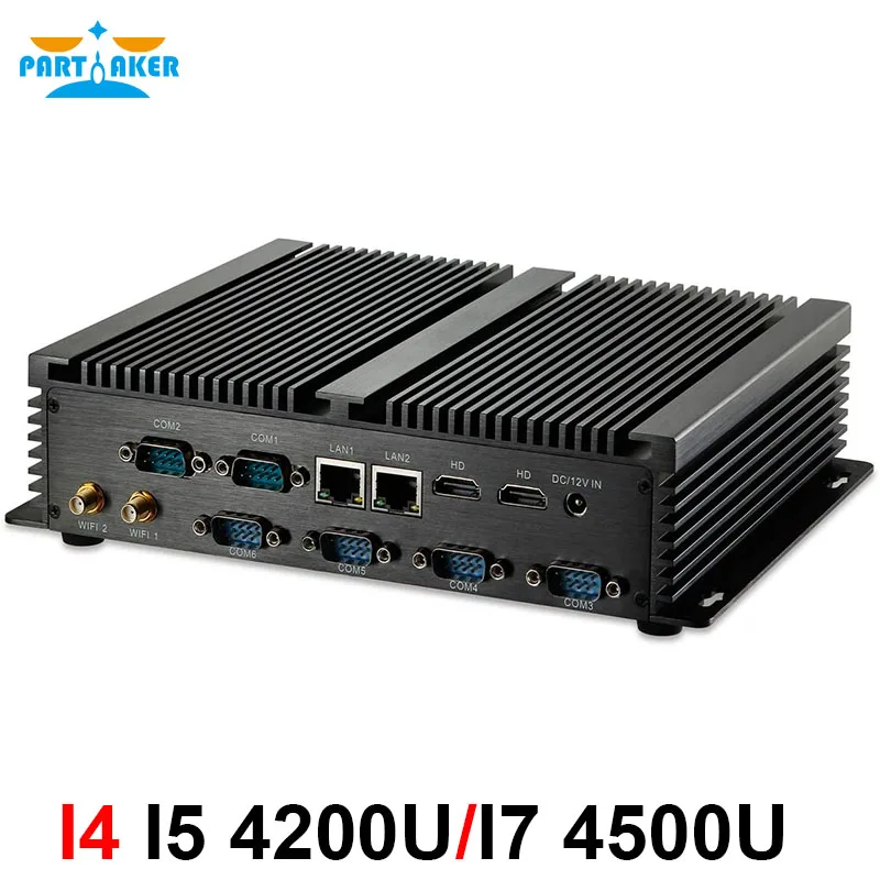 Partaker كمبيوتر صغير بدون مروحة صناعي Win10 Intel Core I5 4200U I7 4500U Dual Lans 2 * HDMI 6 * COM USB كمبيوتر صغير Linux WiFi