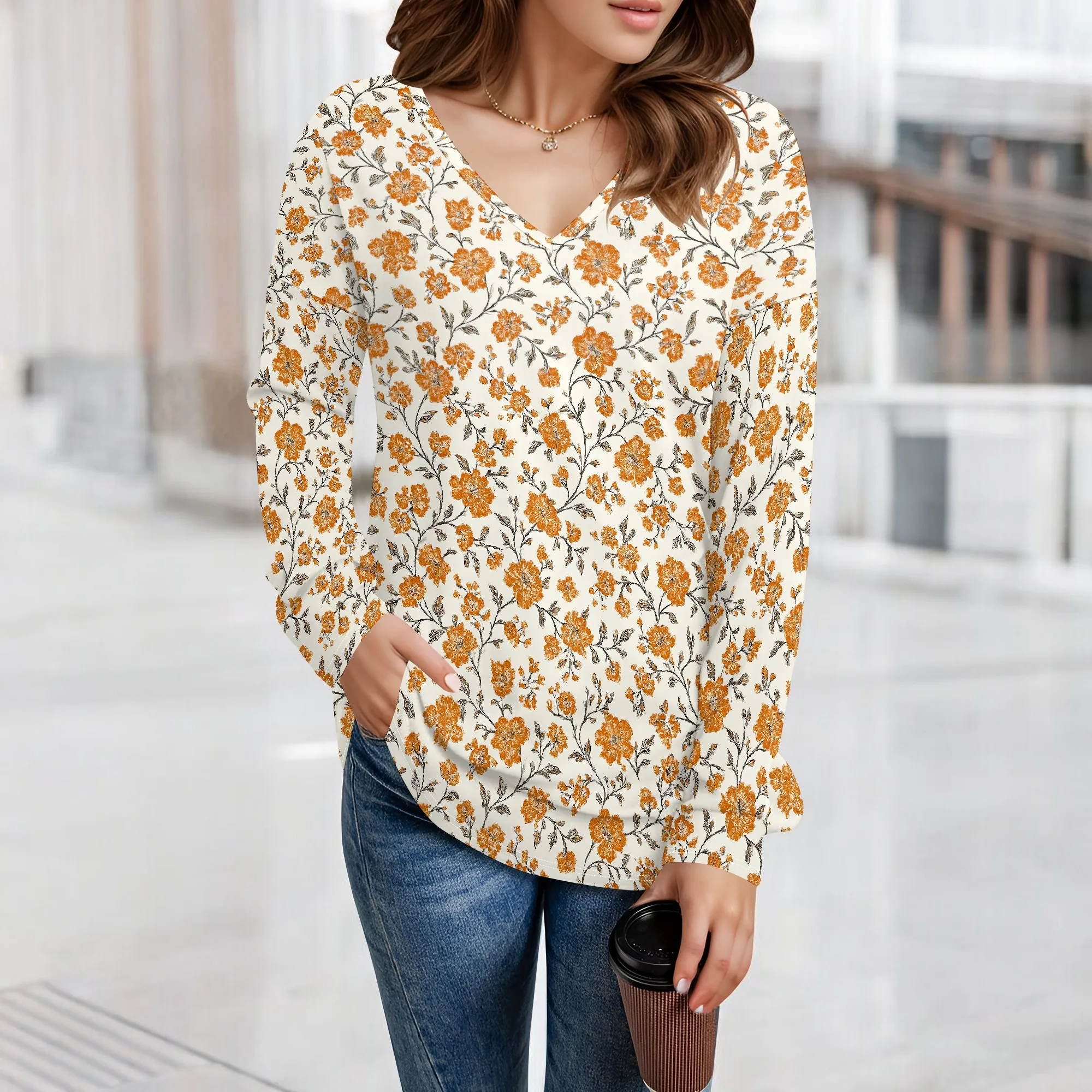 

Women's Casual Boho Floral Print V Neck Long Sleeve Loose Blouses Shirts Tops