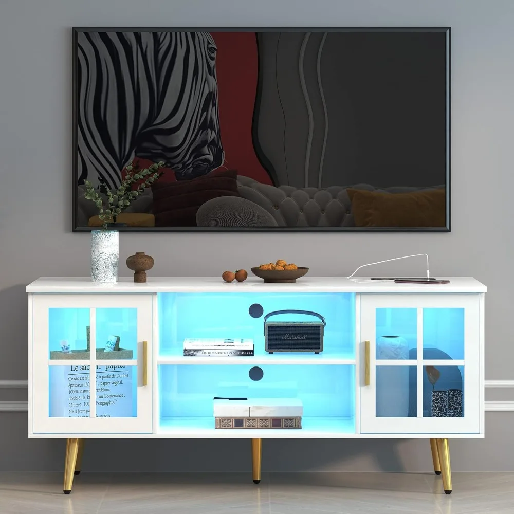 LVSOMT Modern TV Stand with Storage, Entertainment Center Cabinet for Living Room, Media Console with 24 Color Lights (Pearl Whi