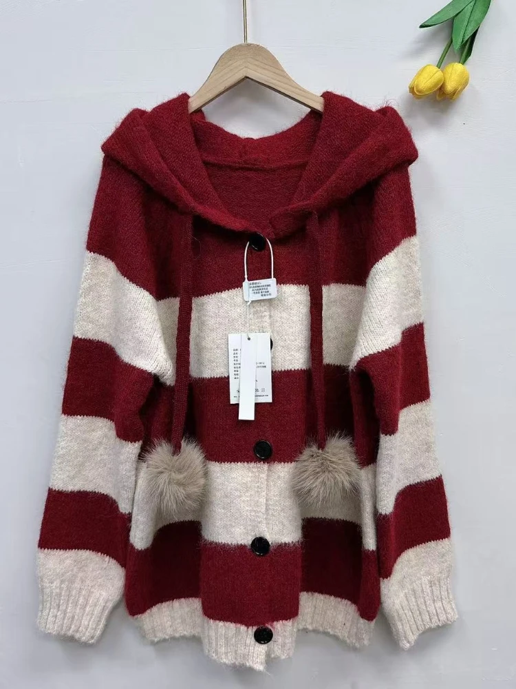 

Korean Fashion Sweaters Hooded Single Breasted Striped Contrast Color Cardigan Lazy Style Knit Tops All Match Women's Clothing