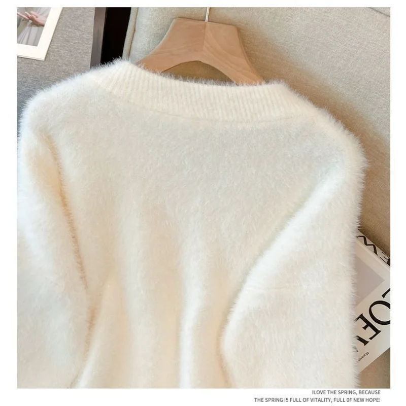 Damestrui Herfst en winter V-hals Gebreid nertsfluweel Dames verdikte losse top met lange mouwen