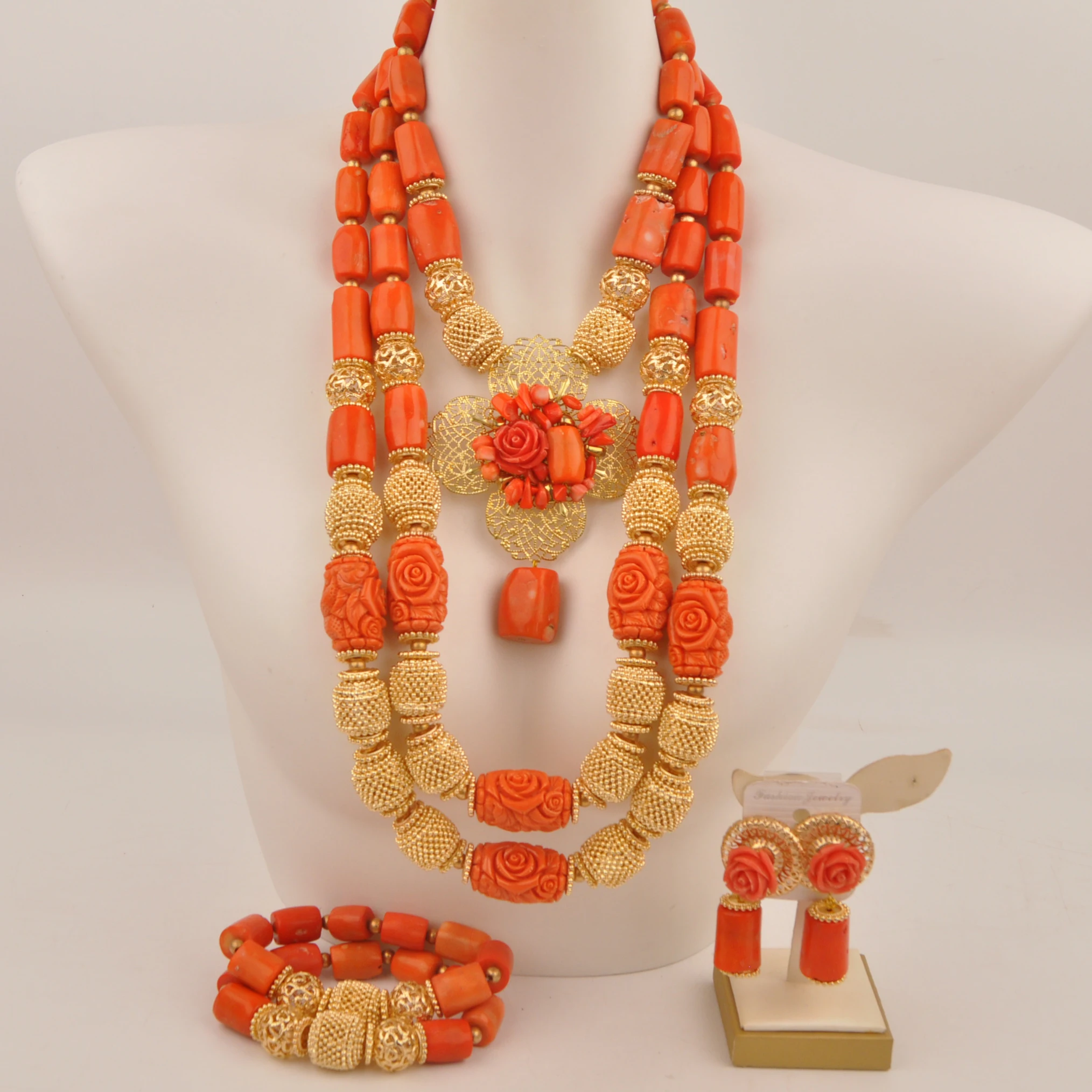 Fashion Orange African Coral Bead Necklace Nigerian Bride Wedding Jewelry Set