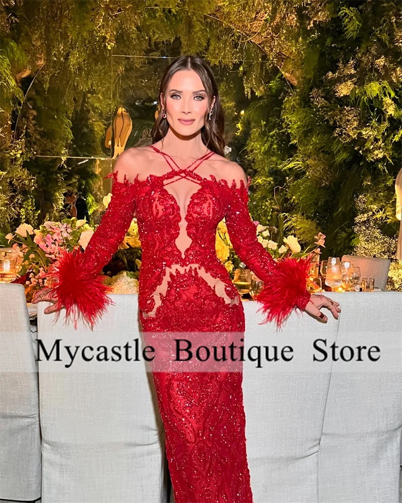 فساتين سهرة حورية البحر بأكمام طويلة من الدانتيل الأحمر للنساء 2025 فستان أنيق للحفلات الراقصة من الريش فستان حفلات أعياد الميلاد مخصص