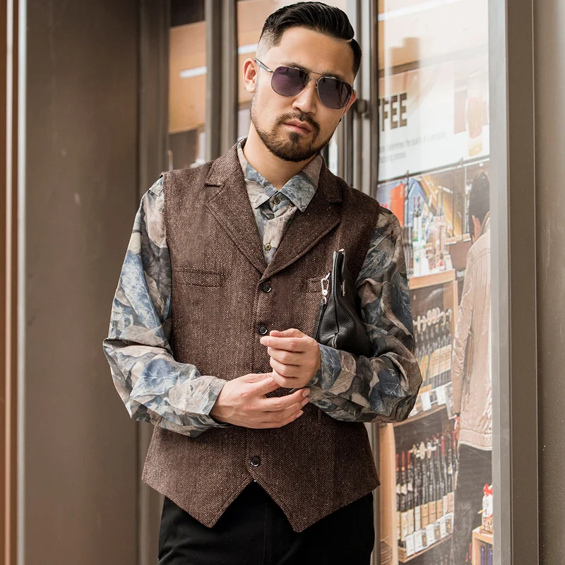 Vintage Men ชุด Vest Lapel Herringbone Steampunk Waistcoat Slim Fit เสื้อแขนกุด 페이즐리