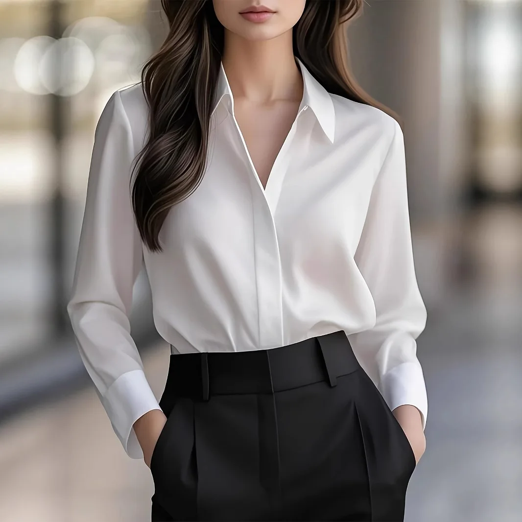 

2026 Women's Spring and Autumn New Style Fashion Versatile Elegant Slim Minimalist Long Sleeve Solid Color Lapel Shirt for Women