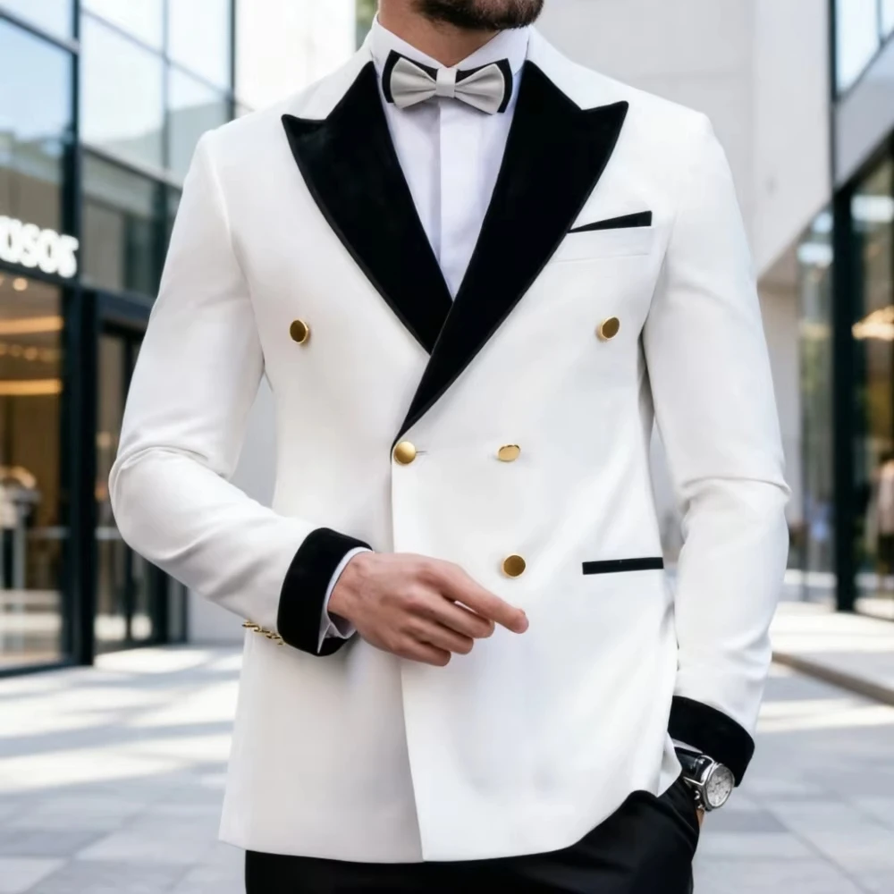 Double Breasted White Wedding Tuxedo Men Vintage Style Tuxedo With Contrast Trim Stylish Formal Party Blazer Slim Fit Men Suits