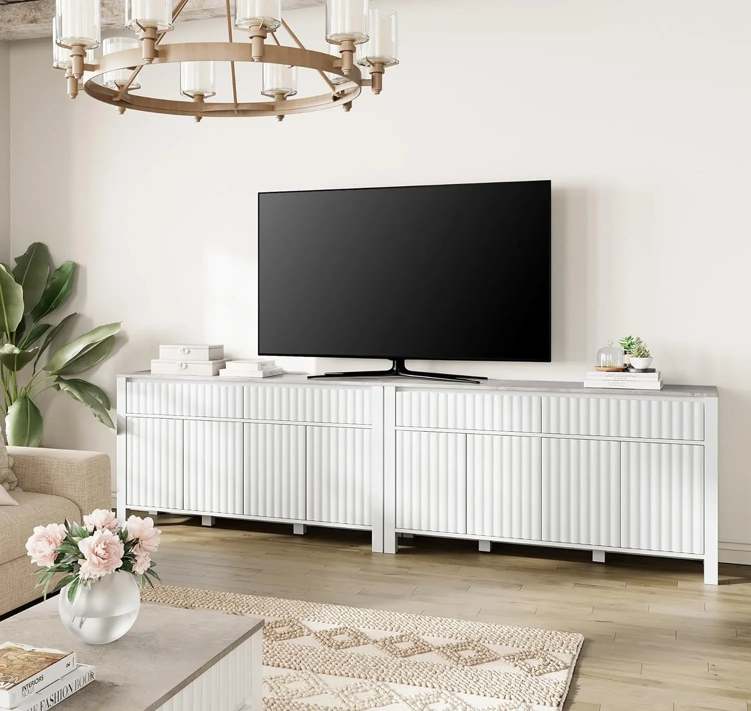 

White Modern 2-in-1 Media Console TV Cabinet with Drawers and Adjustable Shelves, Tall Entertainment Center Sideboard Wood Legs