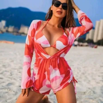 Bikini con estampado triangular para mujer, traje de baño de manga larga con cuello Halter y cordón lateral, 3 piezas, 2024