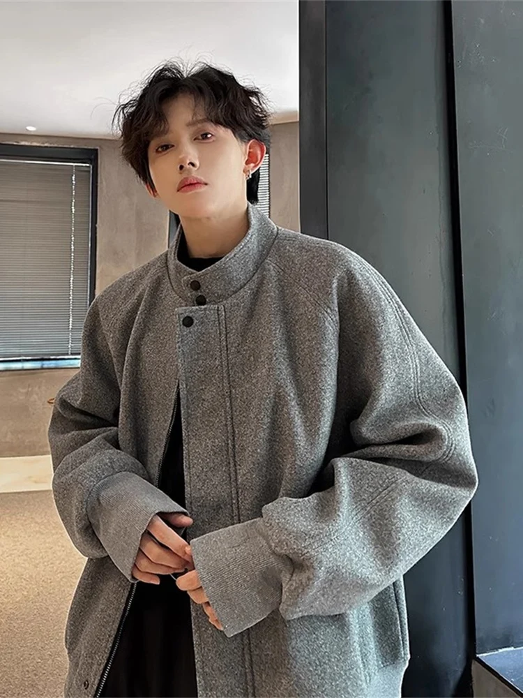 

ay Woolen Baseball Jaet Men's Autumn Winter Stand Collar Retro Cleanfit Woolen Coat Loose Fit Zipper Decorated Long Sve