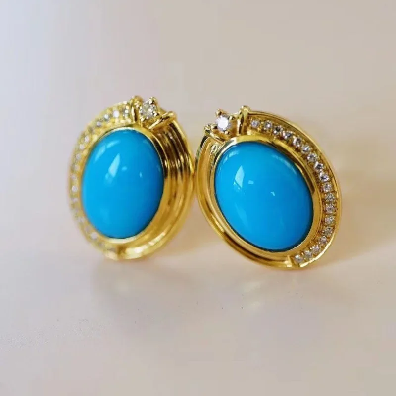 new in retro elegant oval blue earings stud Advanced style inlaid with diamonds and turquoise earrings for women banquet jewelry