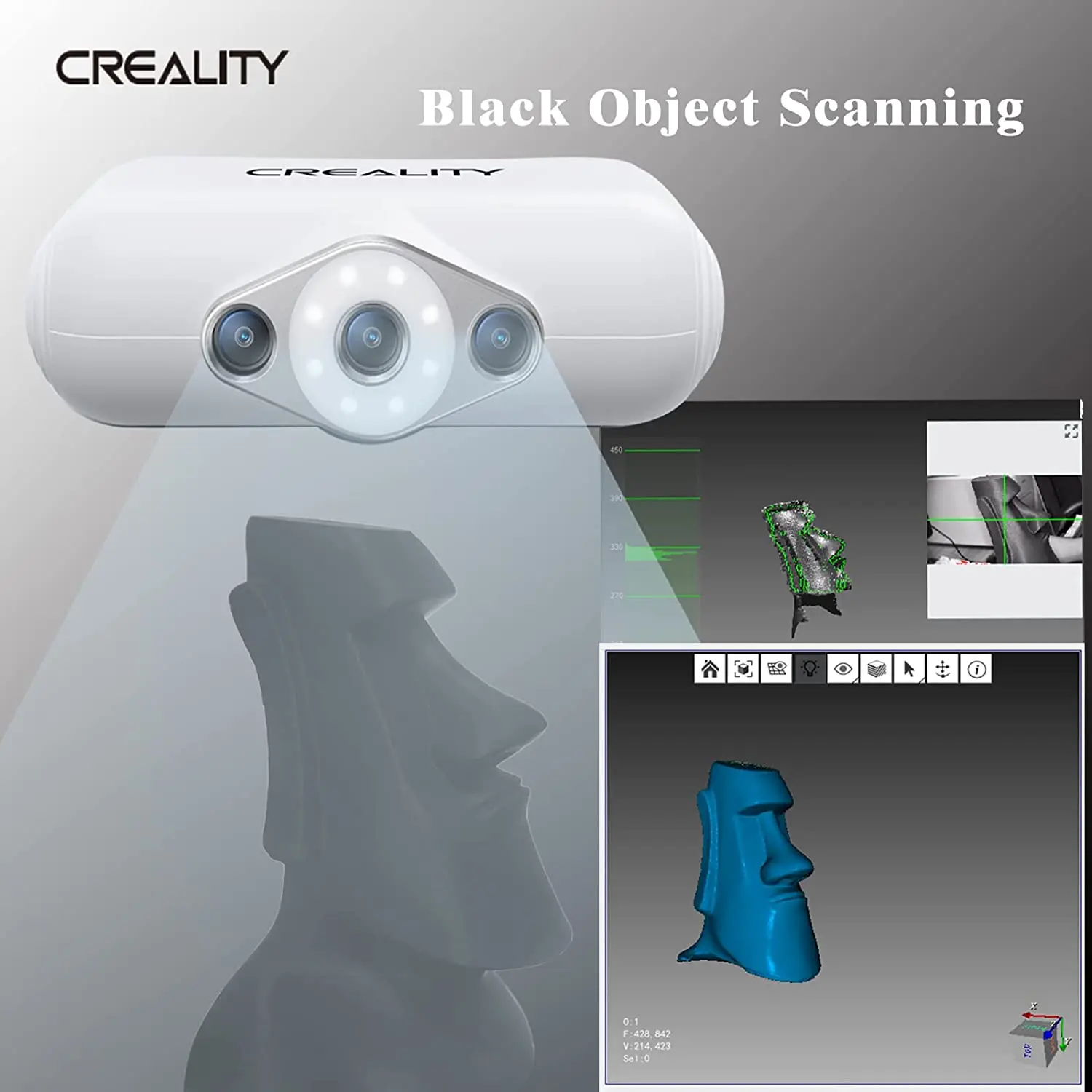 Creality-Scanner 3D CR-Scan Lézard 10FPS, Sans Marqueur, Balayage Rapide, Précision 0.05mm, Colorable, Déterminer les Modes, Noir, Incroyable