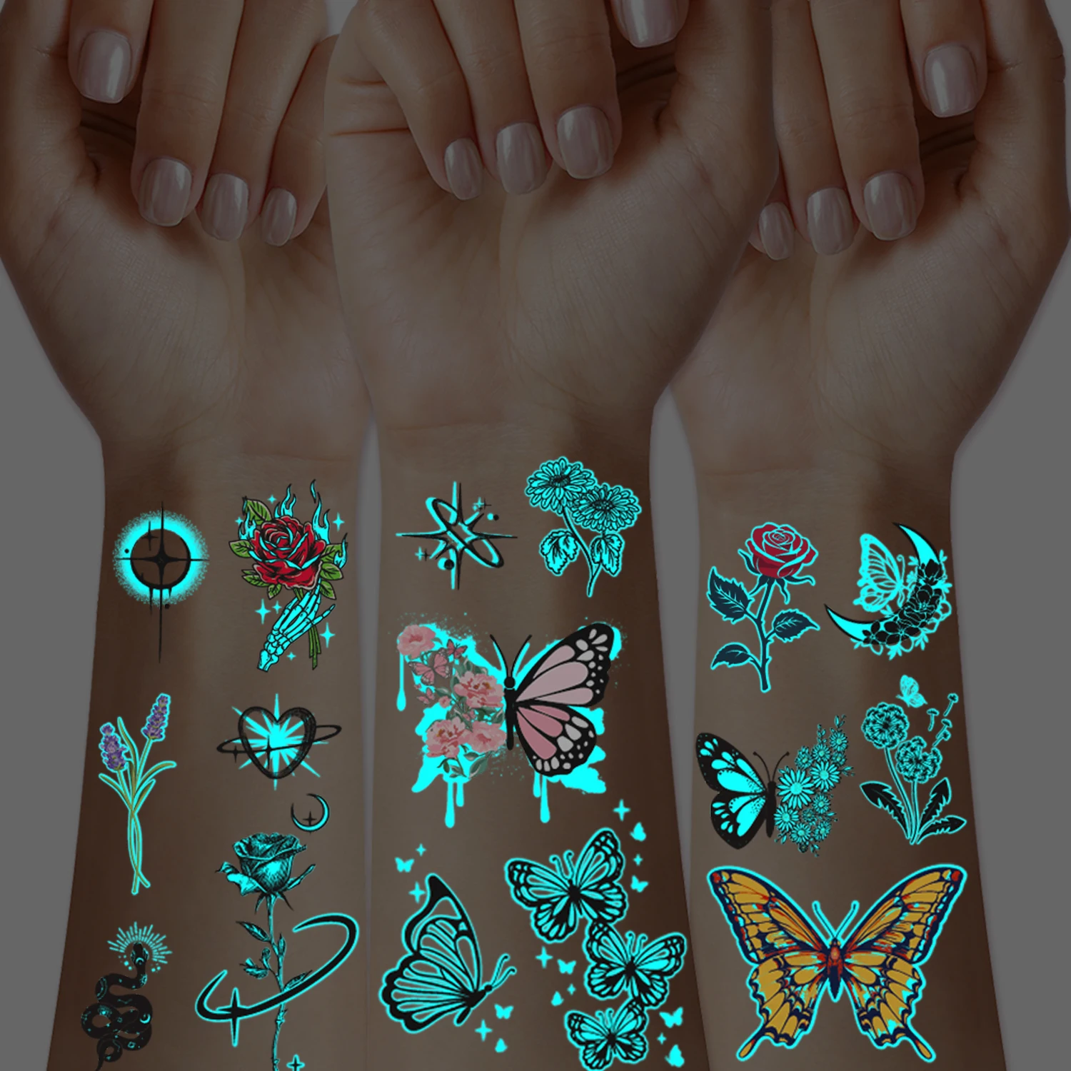 

16 листов светящиеся синие светящиеся в темноте временные татуировки с бабочками и цветами, водонепроницаемые поддельные татуировки-наклейки для ночного клуба
