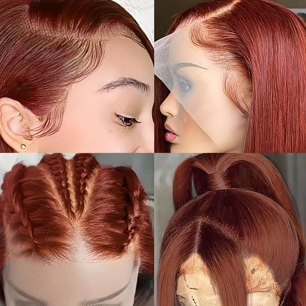 8-14 pouces # 33 perruque Bob courte droite brun rougeâtre 13x4 perruque frontale en dentelle transparente 100% perruque de cheveux humains brésiliens 180 densité