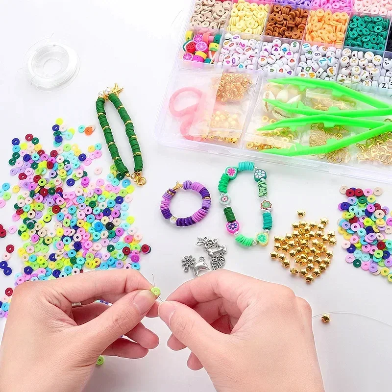 Kit de fabricación de pulseras de cuentas de arcilla, cuentas planas de arcilla polimérica de amistad con dijes, regalos para chicas adolescentes, manualidades, fabricación de joyas DIY