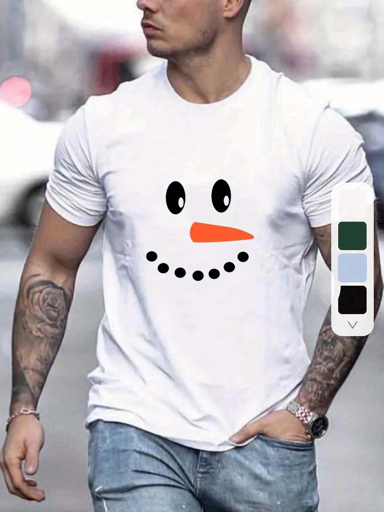 

Pop Men's 100% Pure Cotton Fashionable Casual Sports Loose Snowman Face Pattern Printed Round Neck Short Sleeved T-shirt Top