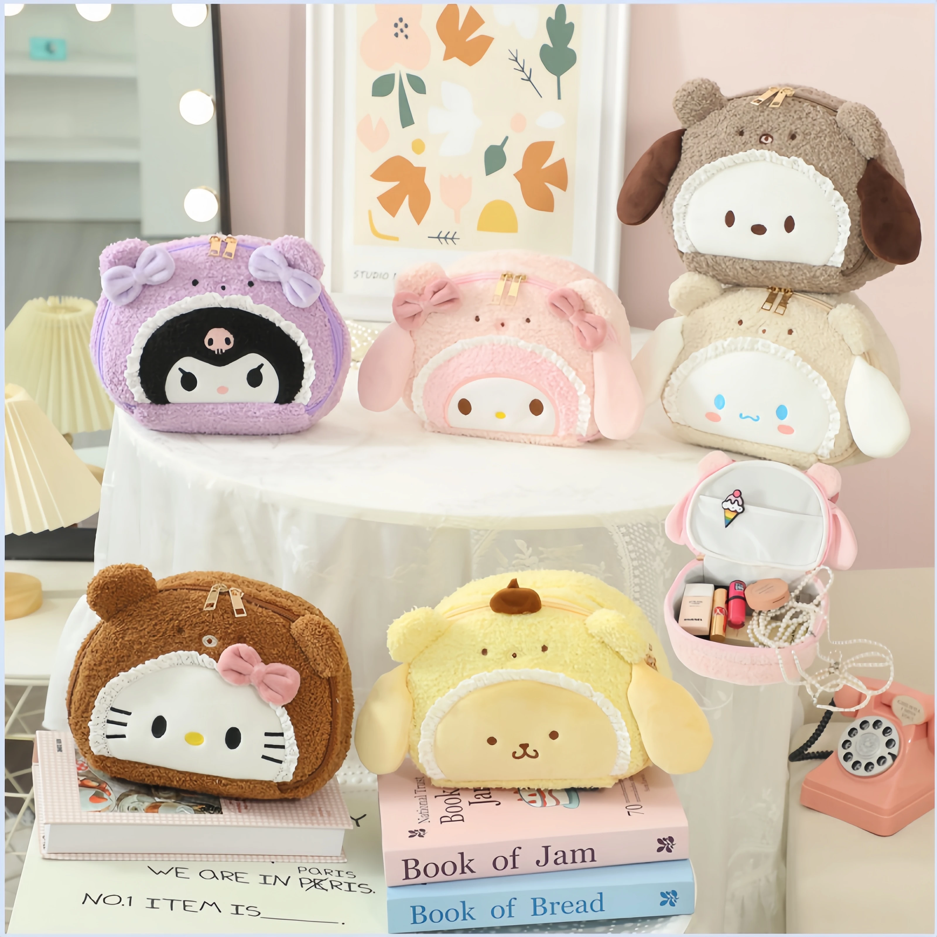 kawaii Sanrio Series Makeup Bag Cinnamoroll My Melody Kuromi Pom Pom Purin Pochacco Hello Kitty Plush Handheld Bag Girl Gift