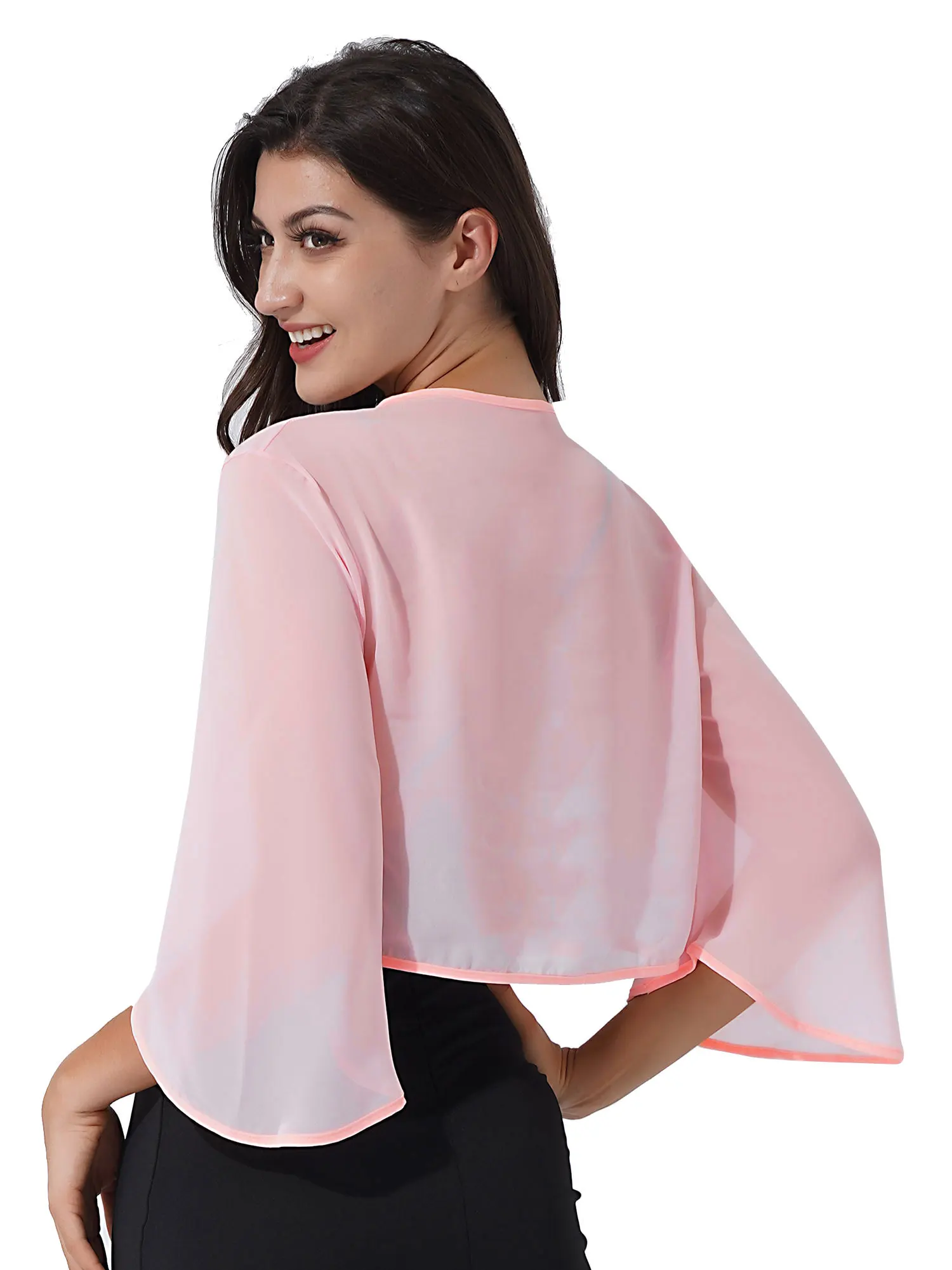 Womens Elegant Chiffon Cardigan Bolero Ladies Wedding Party Bridal Dress Cover Ups 3/4 Sleeve Open Front Wraps Shawls Shrug Coat