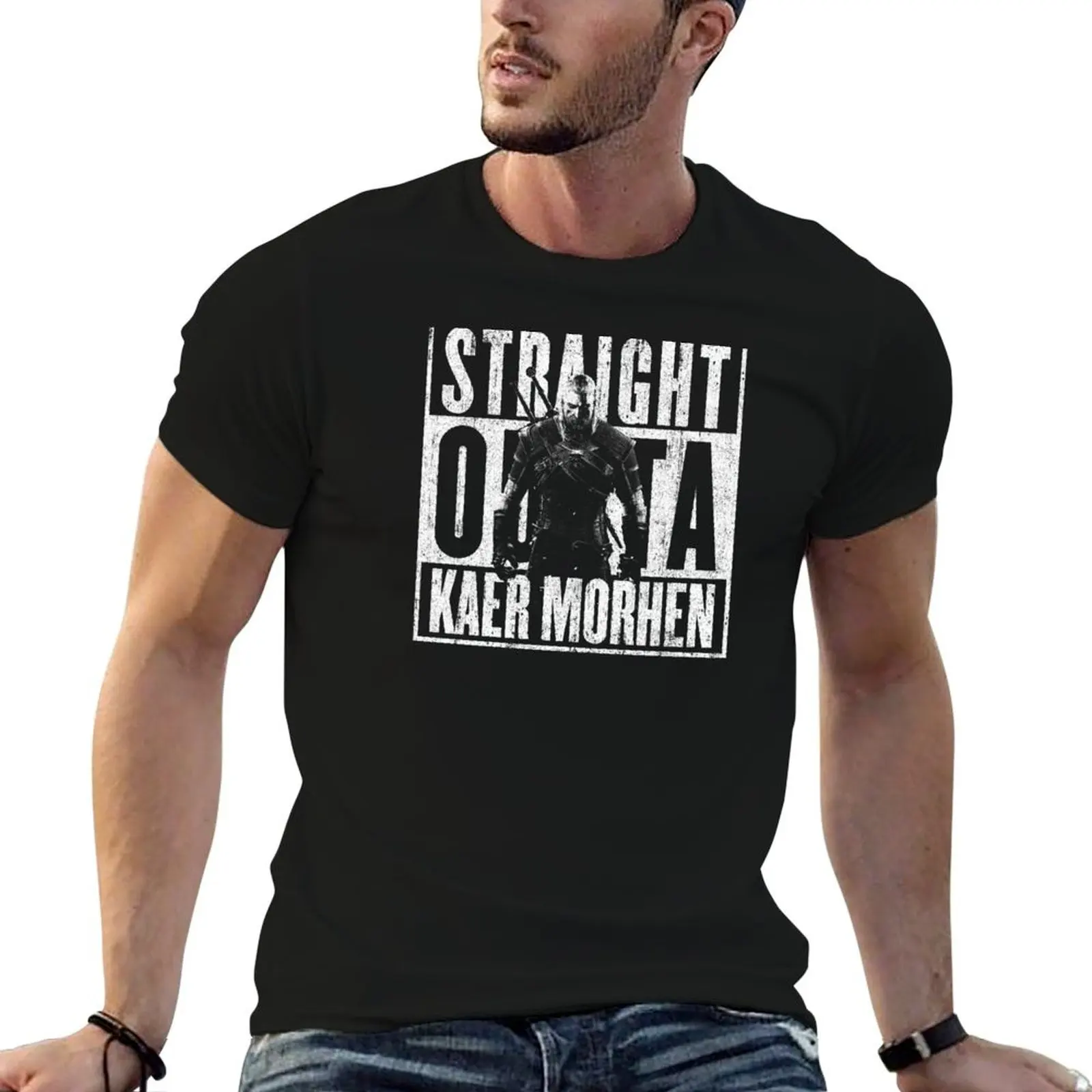Camiseta masculina Straight Outta Kaer Morhen, camiseta de algodão, camiseta masculina simples, camiseta masculina de luxo