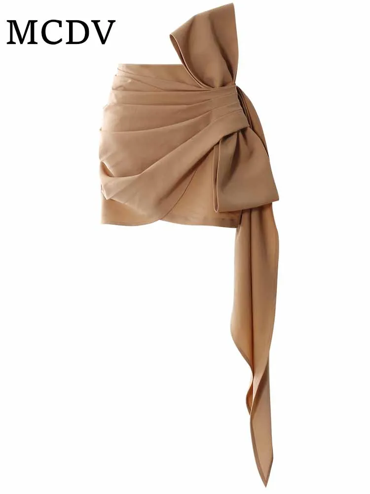 

MCDV Elegant Patchwork 3D Bow Mini Skirt Women High Waist Irregular Pleated Slim Wrap Skirts 2025 temperament Party Mini Skirts