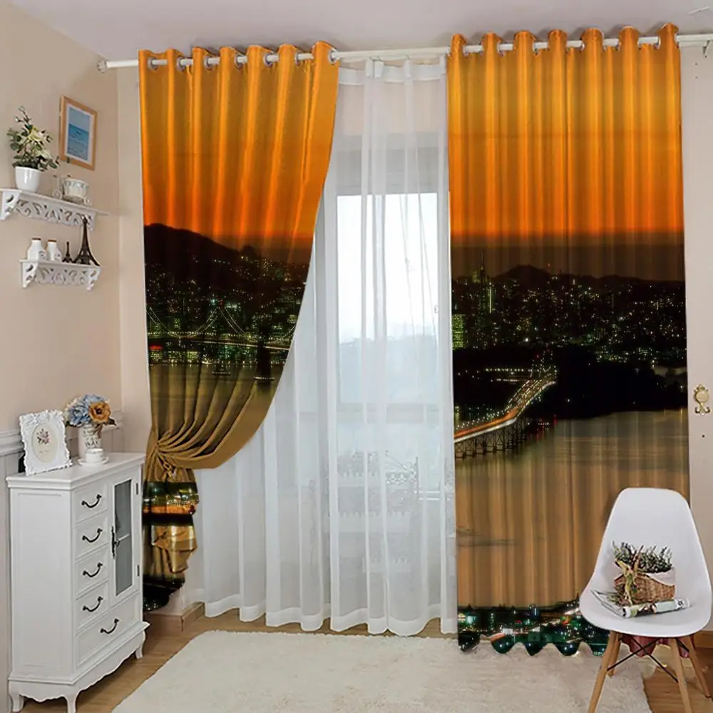 High quality custom 3d curtain fabric Sunset, cityscape, bridge scene Curtain Luxury 3D Window Curtain For Living Room