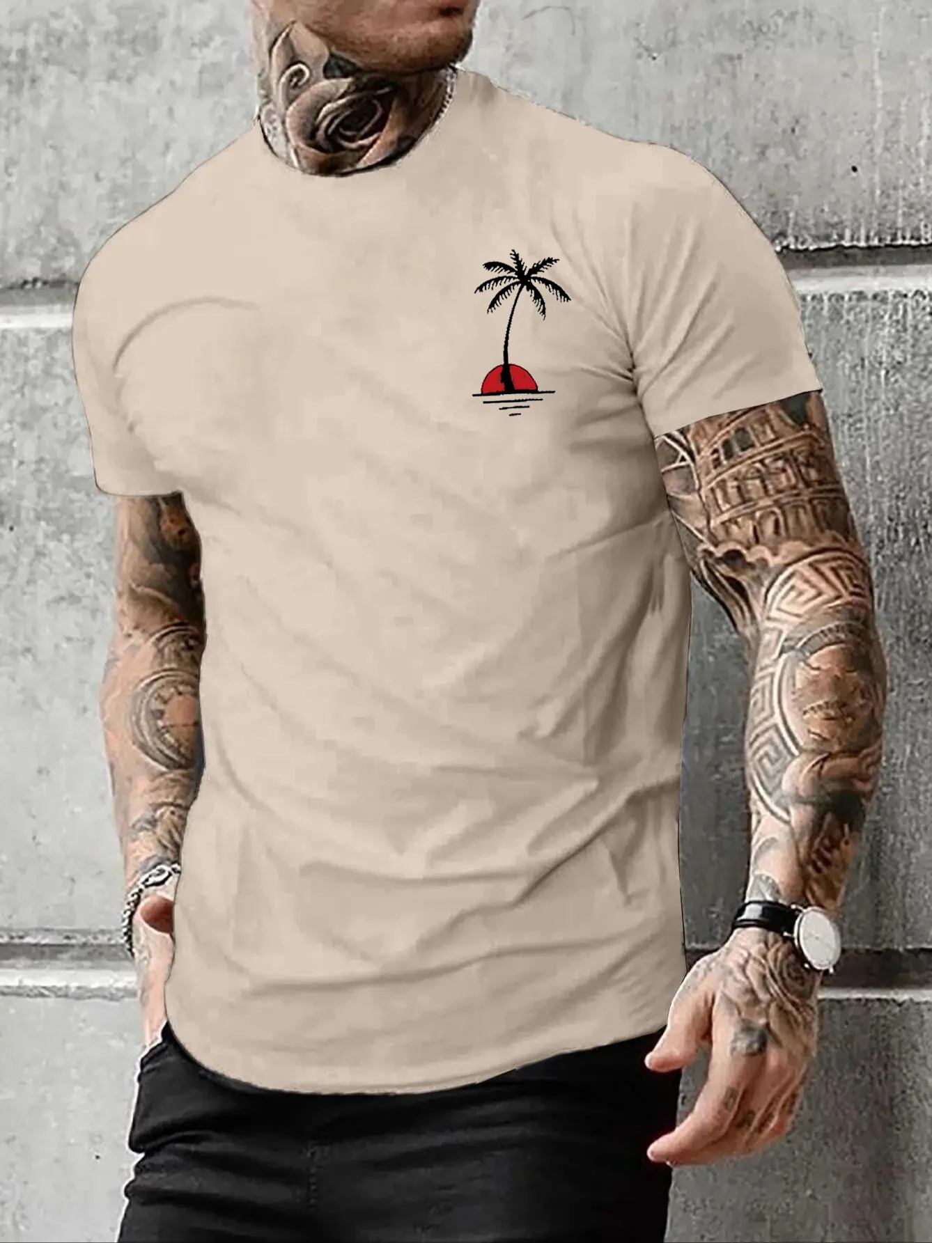 Men\'s Summer Casual Loose Size 100% Cotton Coconut trees Print Round Neck Short Sleeve T-shirt Top