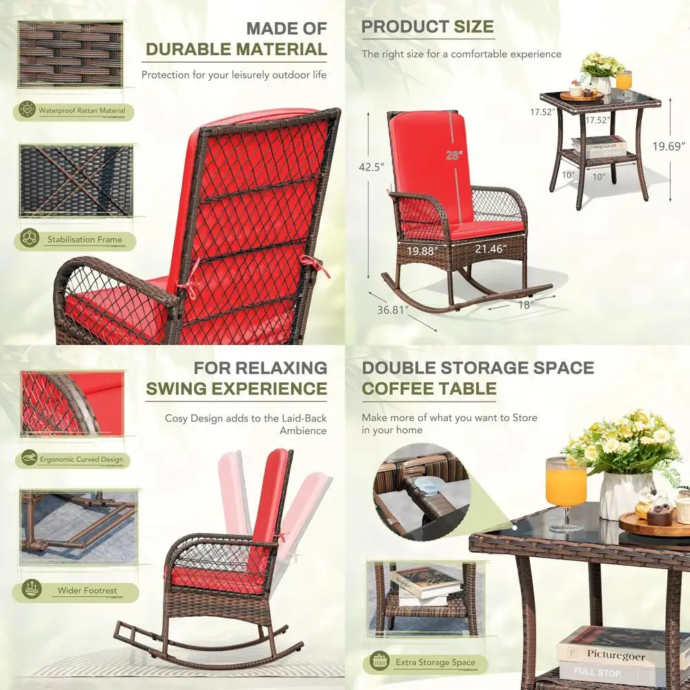 

Red 3-Piece Outdoor Wicker Rocking Chair Set with Glass Coffee Table for Patio, Garden, Backyard, or Poolside